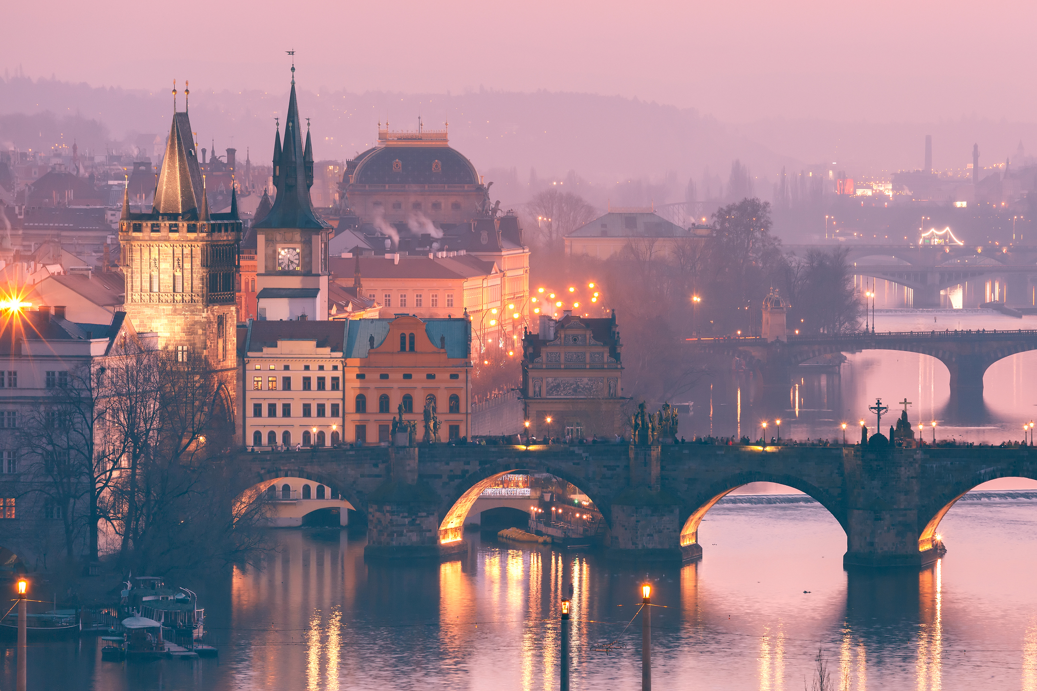 Top view over Old Town and bridges over Vltava River in Prague, Czech Republic