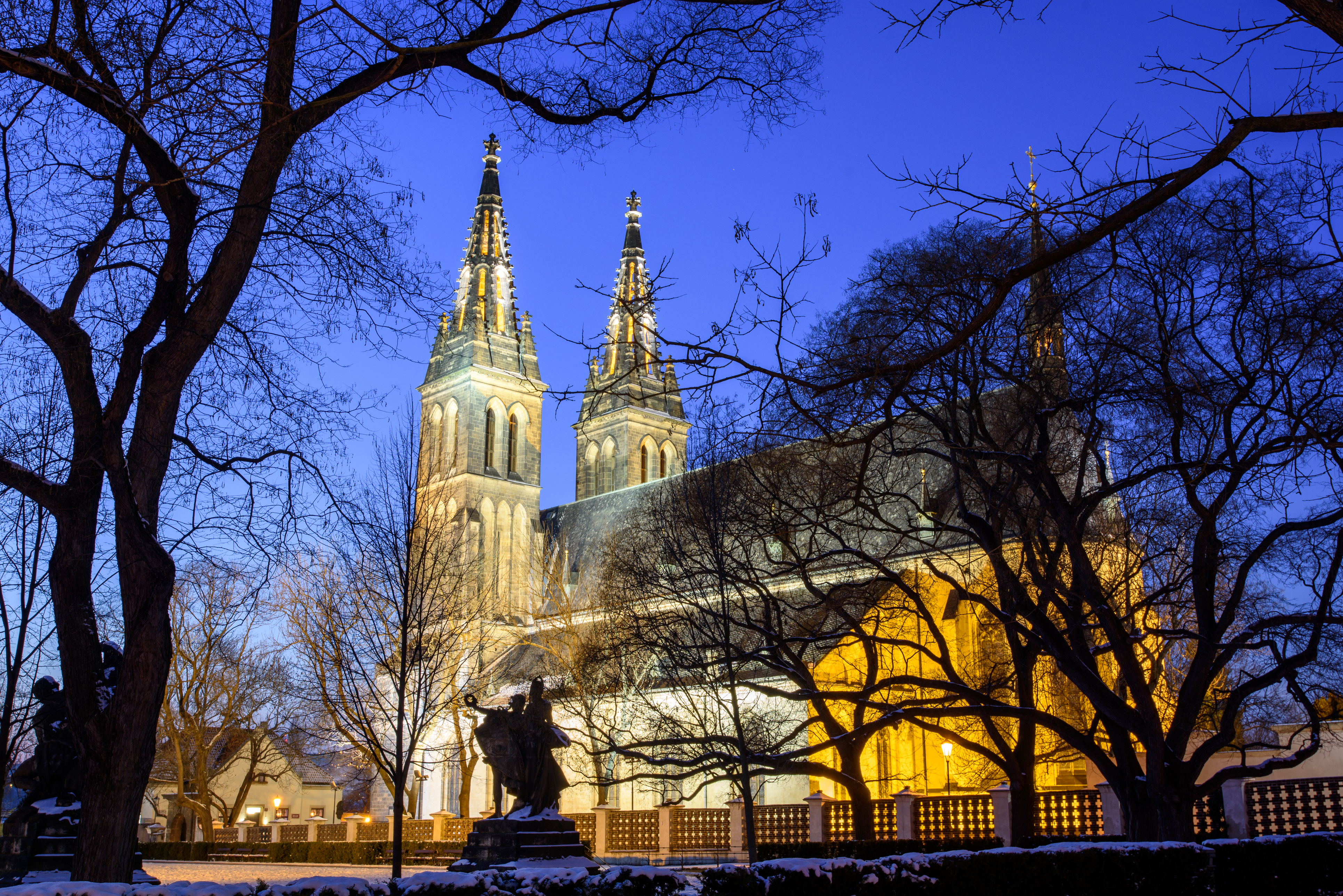 View of the Roman Catholic cathedral at night, Prague, Vysehrad